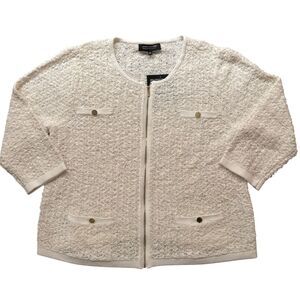 Jones New York Ivory Boucle Cotton Blend Zipper Sweater Cardigan Eyelash 2X NEW